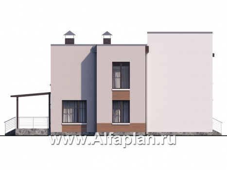 «Эвр» - проект двухэтажного дома с террасой и с гаражом на 1 авто, лестница в гостиной, с плоской кровлей, в стиле хай-тек - превью фасада дома
