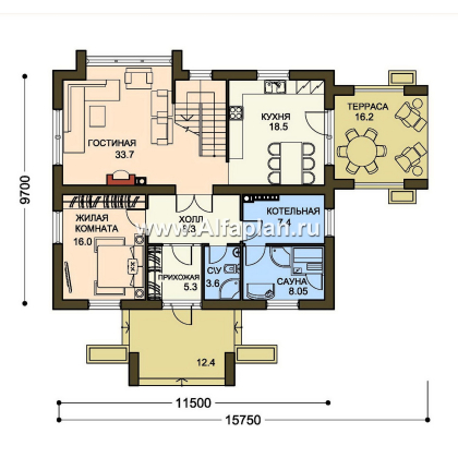 Проект двухэтажного дома, план со спальней на 1 эт и сауной, простой в строительстве, в современном стиле - превью план дома