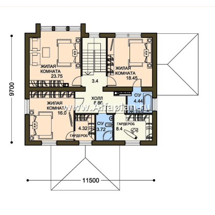 Проект двухэтажного дома, план со спальней на 1 эт и сауной, простой в строительстве, в современном стиле - превью план дома