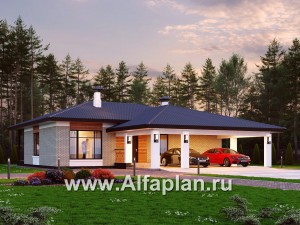 Проекты домов Альфаплан - «Покровка» - стильный одноэтажный коттедж с гаражом-навесом - превью основного изображения