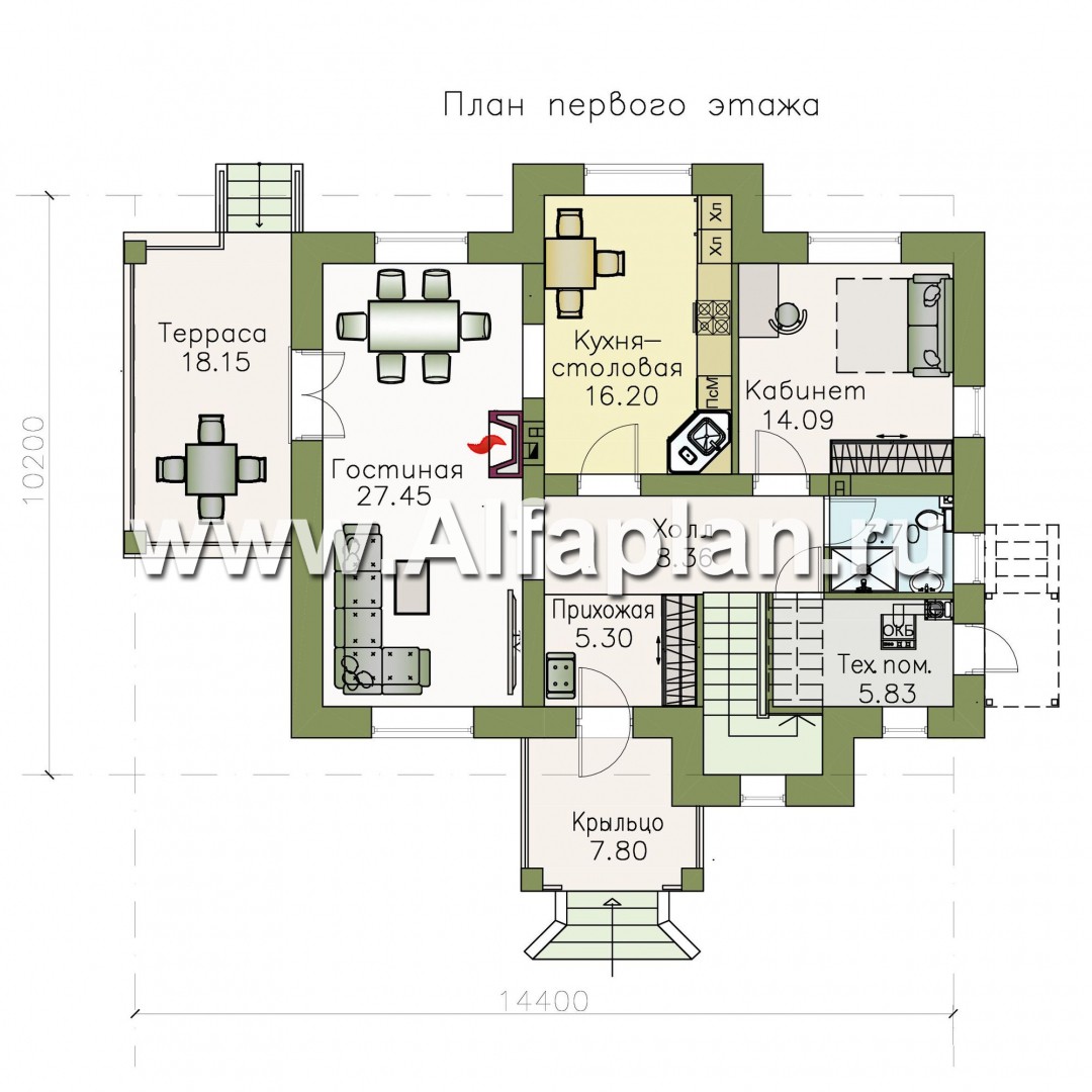 Проекты домов Альфаплан - «Разумовский» - элегантный загородный коттедж с террасой - план проекта №1