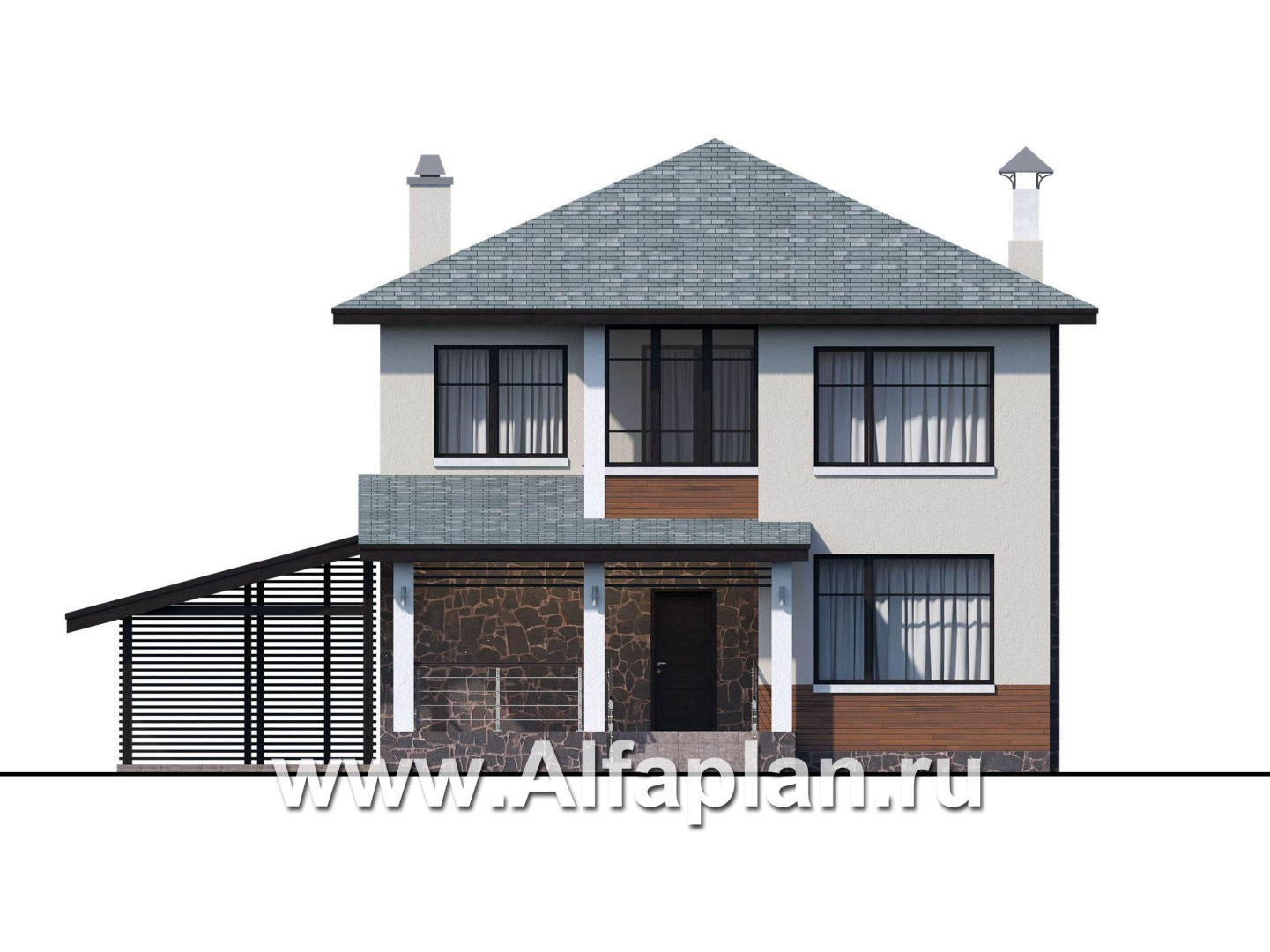 Проекты домов Альфаплан - «Траектория» - современный, компактный дом с гаражом-навесом - изображение фасада №1