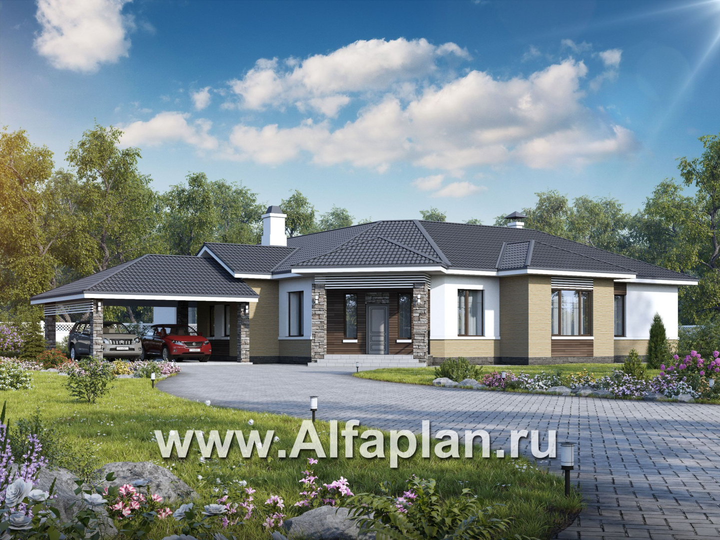 Проекты домов Альфаплан - «Модуль» — современный дом с диагональным планом - основное изображение