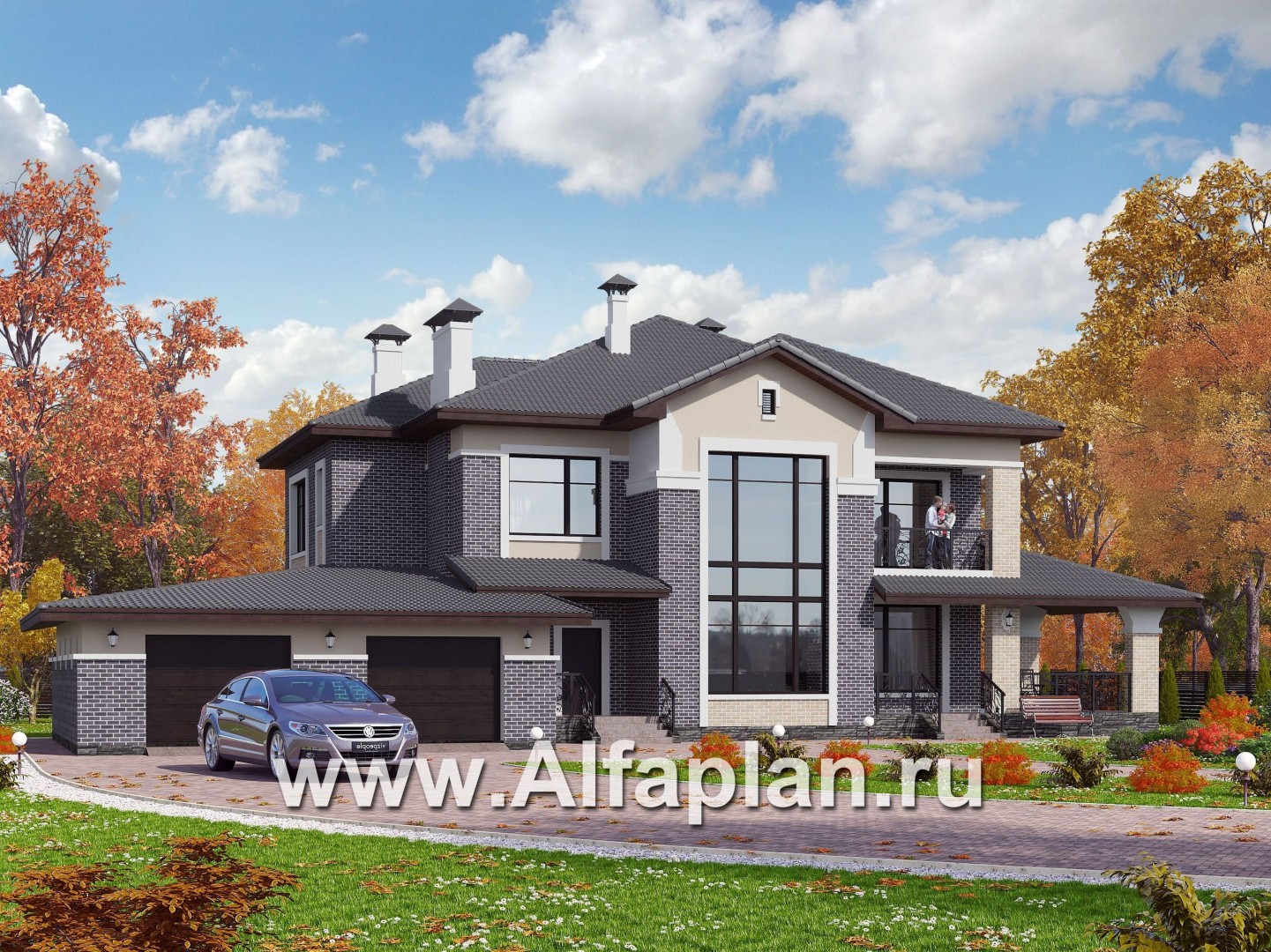Проекты домов Альфаплан - «Арно» - классический особняк с большим гаражом и бассейном - основное изображение