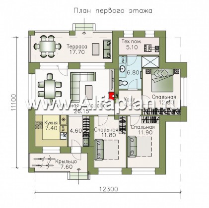 Проекты домов Альфаплан - «Волхов» - уютный одноэтажный коттедж с тремя спальнями - превью плана проекта №1