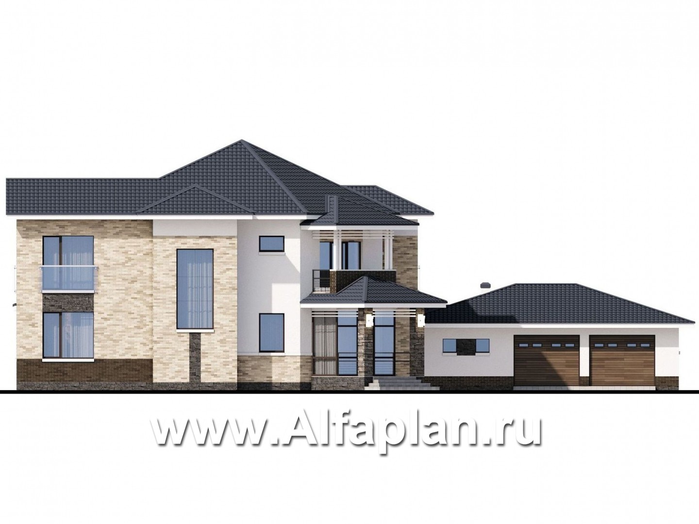 Проекты домов Альфаплан - "Эдем" - эксклюзивный двухэтажный коттедж с большим гаражом 219Р - изображение фасада №1