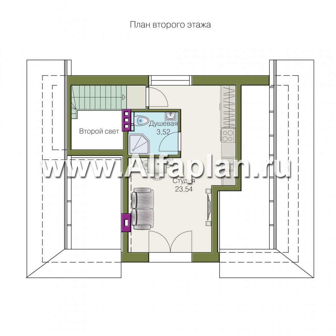 Проекты домов Альфаплан - «Замечательный сосед» - небольшой дом с верандой и студией в мансарде - план проекта №2