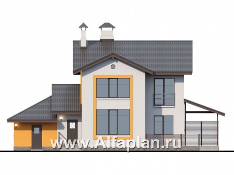 «Скандинавия» - проект современного дома в скандинавском стиле, с фото, планировка с террасой и навес на 1 авто - превью фасада дома