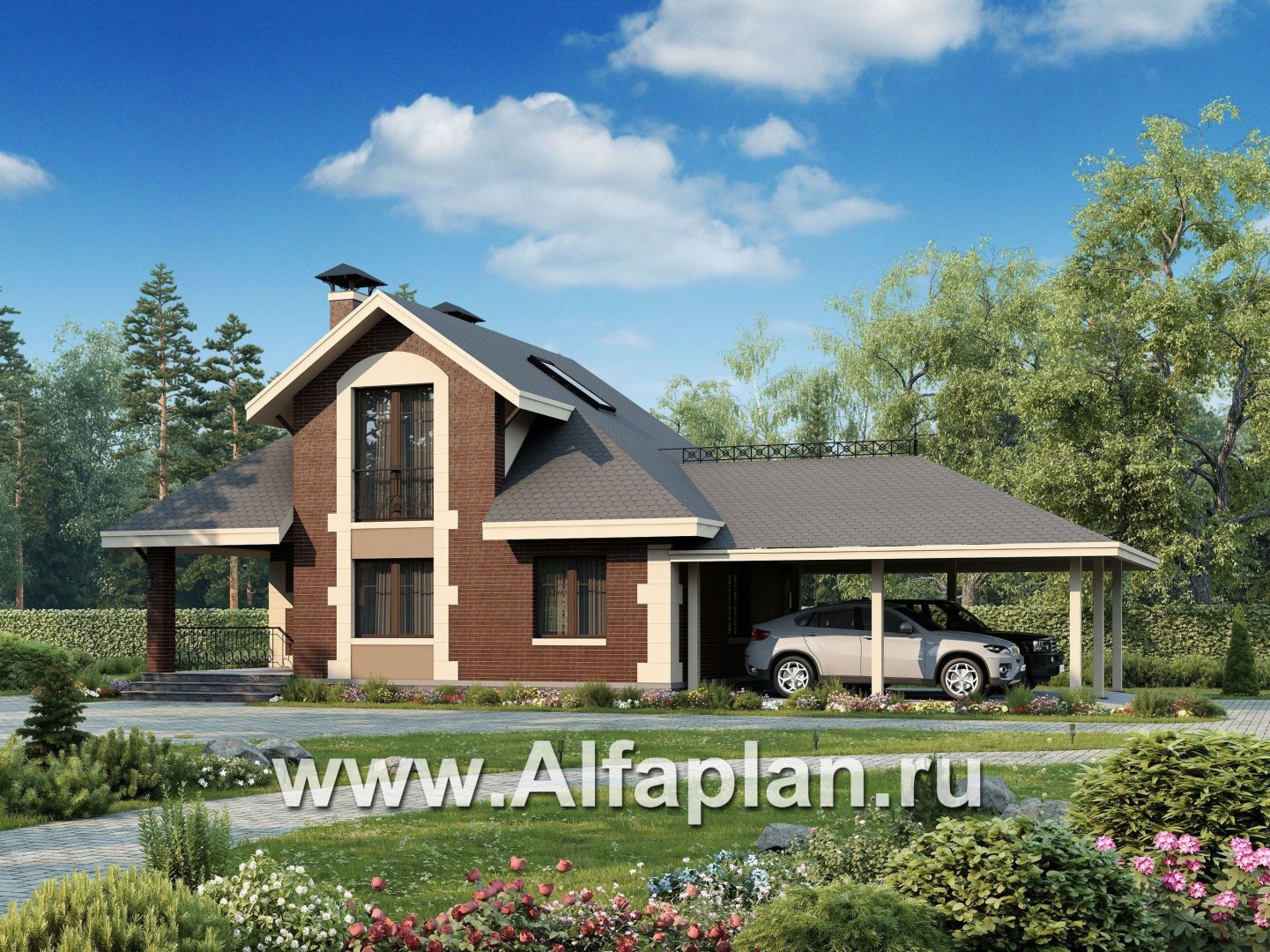 Проекты домов Альфаплан - Сауна с гостевой квартирой в мансарде и навесом на два автомобиля - основное изображение