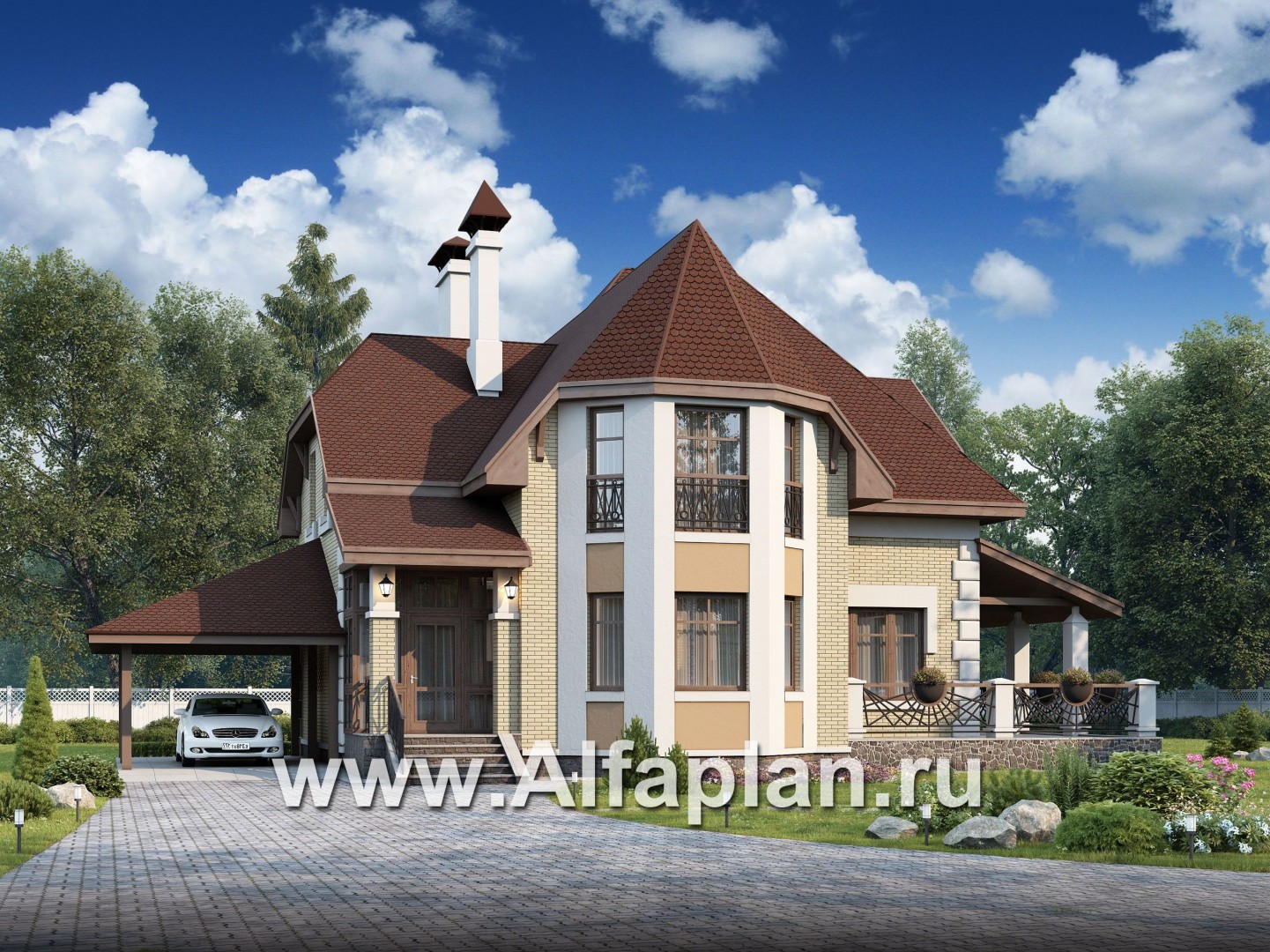 Проекты домов Альфаплан - «Клио» - коттедж с угловой террасой - основное изображение