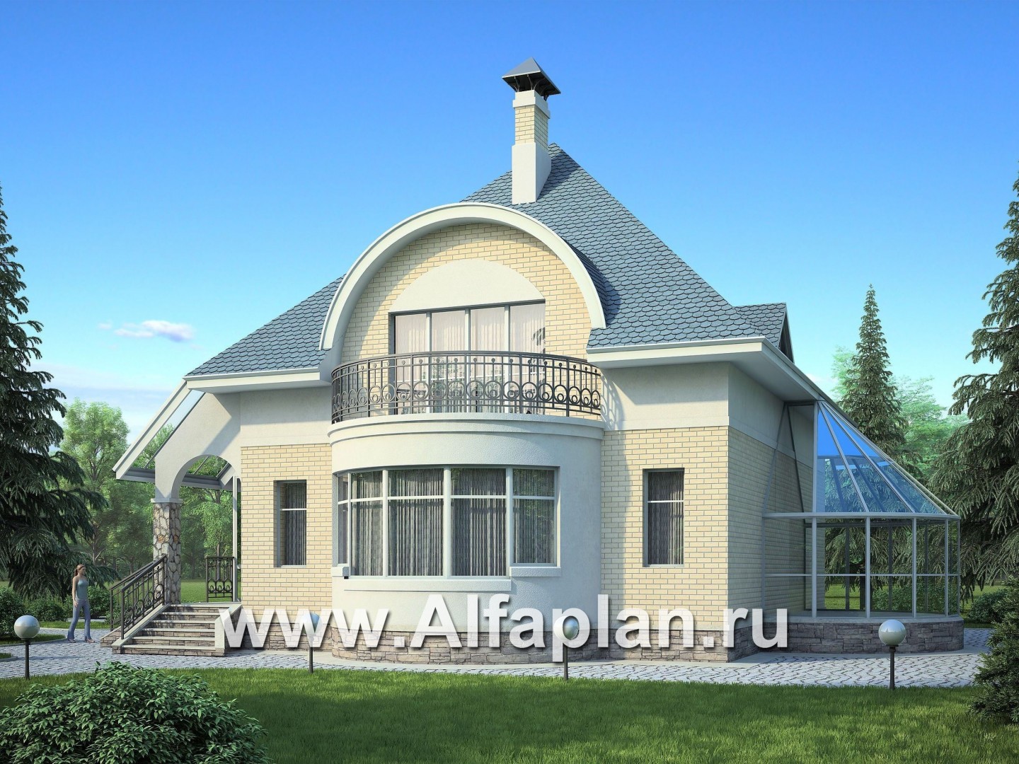 Проекты домов Альфаплан - «Новелла» - архитектурная планировка с полукруглым зимним садом - основное изображение