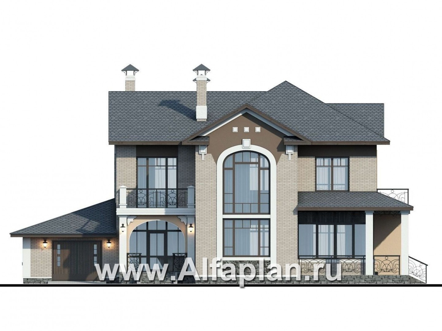 Проекты домов Альфаплан - «Голицын»- коттедж с двусветной гостиной и гаражом - изображение фасада №1