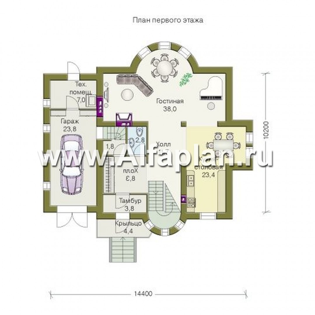 Проекты домов Альфаплан - «Барби-Холл»  - коттедж с полукруглым эркером - план проекта №1