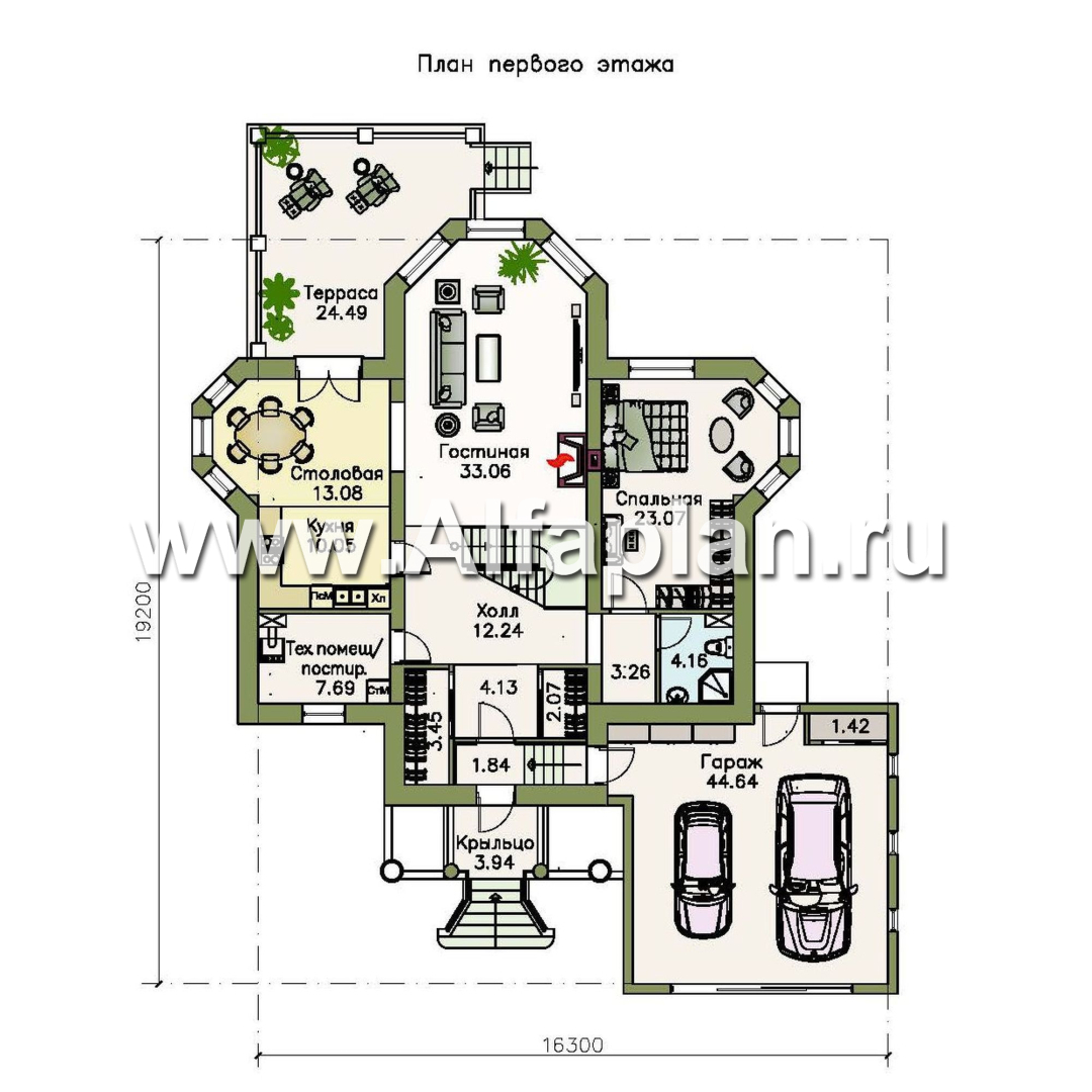 Проекты домов Альфаплан - «Петровское барокко»- двухэтажный коттедж с гаражом на два автомобиля - изображение плана проекта №1