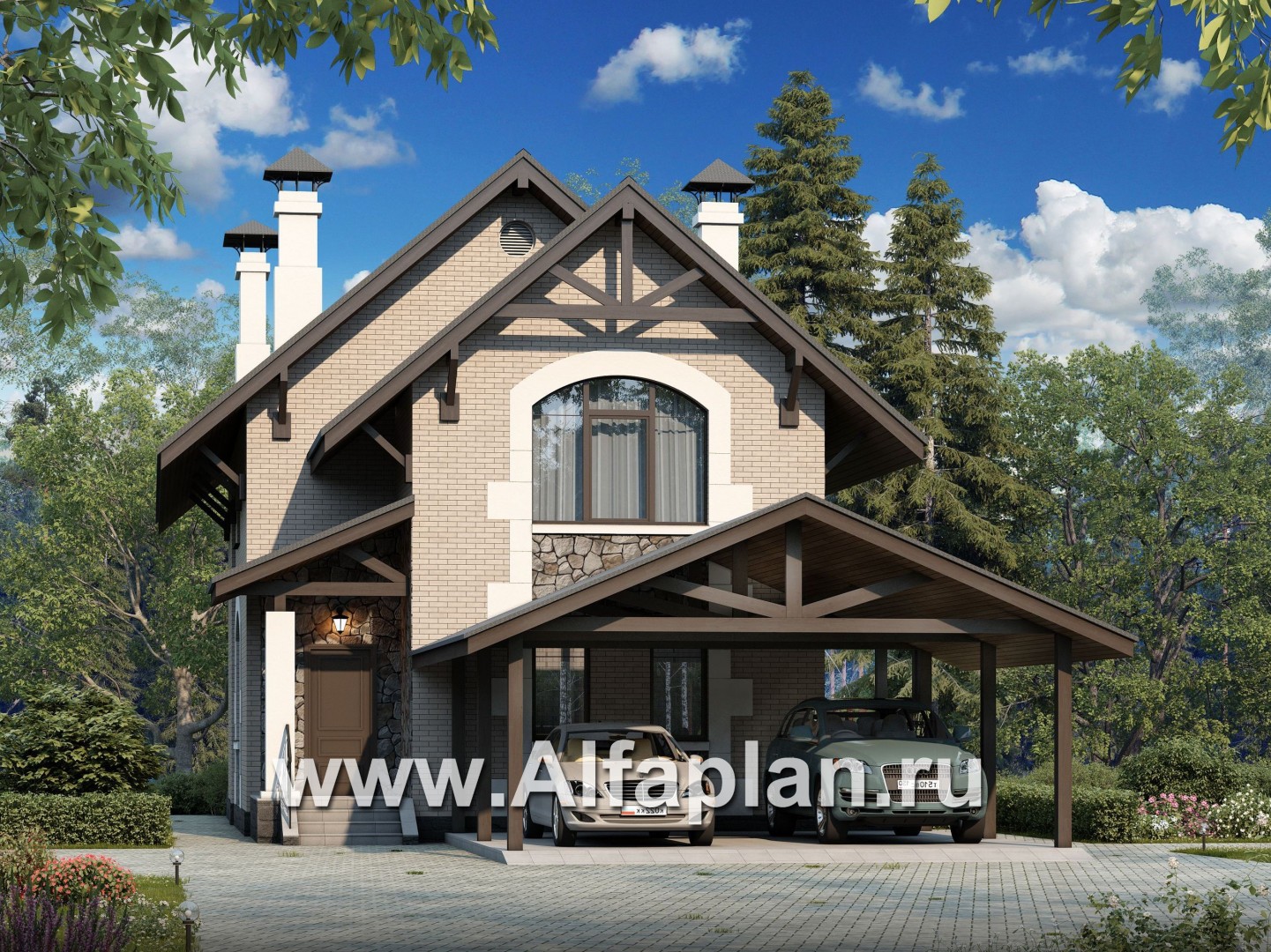 Проекты домов Альфаплан - «Одетта» - компактный дом с навесом для машины - основное изображение