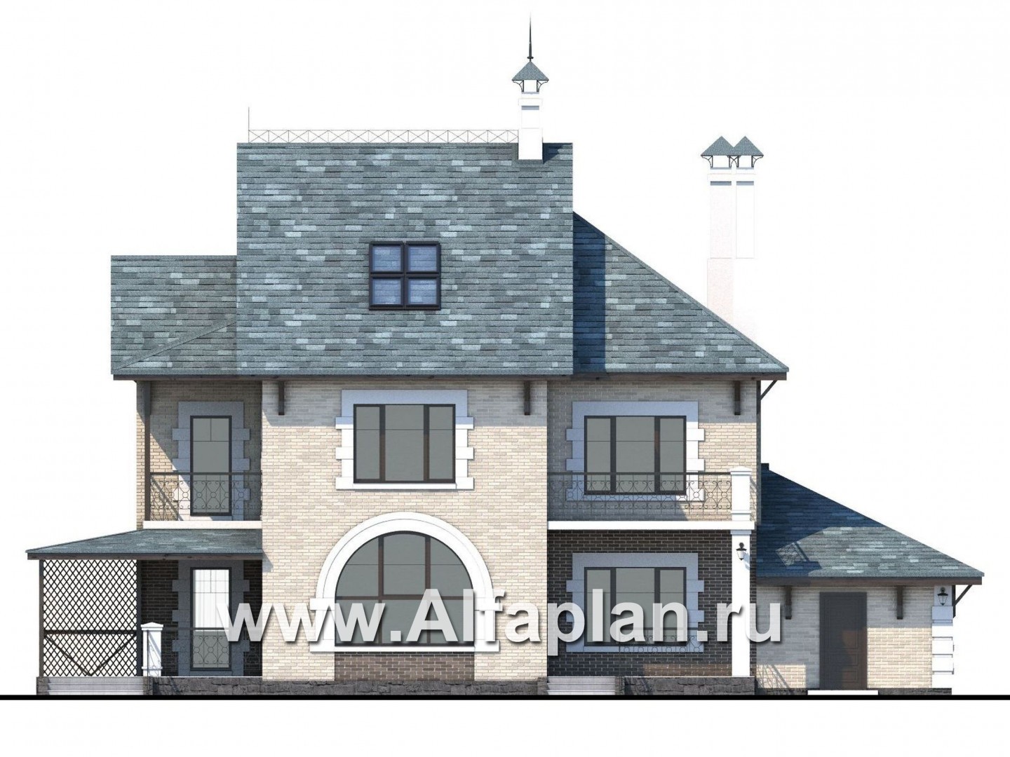 Проекты домов Альфаплан - «Северная регата» - коттедж с большой террасой, гаражом и кинозалом. - изображение фасада №4