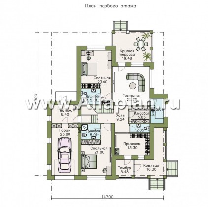 «Беатрис» - проект двухэтажного дома из кирпича, планировка с гостиной и столовой на 2-ом этаже («перевертыш») - превью план дома
