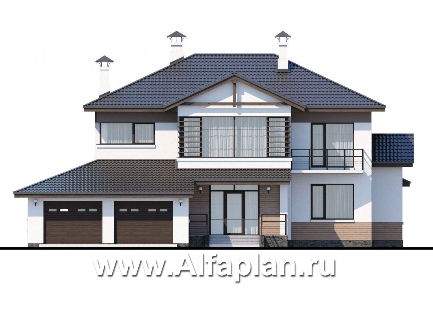 Проекты домов Альфаплан - «Аутентик» - комфортабельный коттедж с большим гаражом и верандой - изображение фасада №1