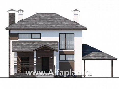 Проекты домов Альфаплан - Кирпичный дом «Панорама» с гаражом навесом - превью фасада №1