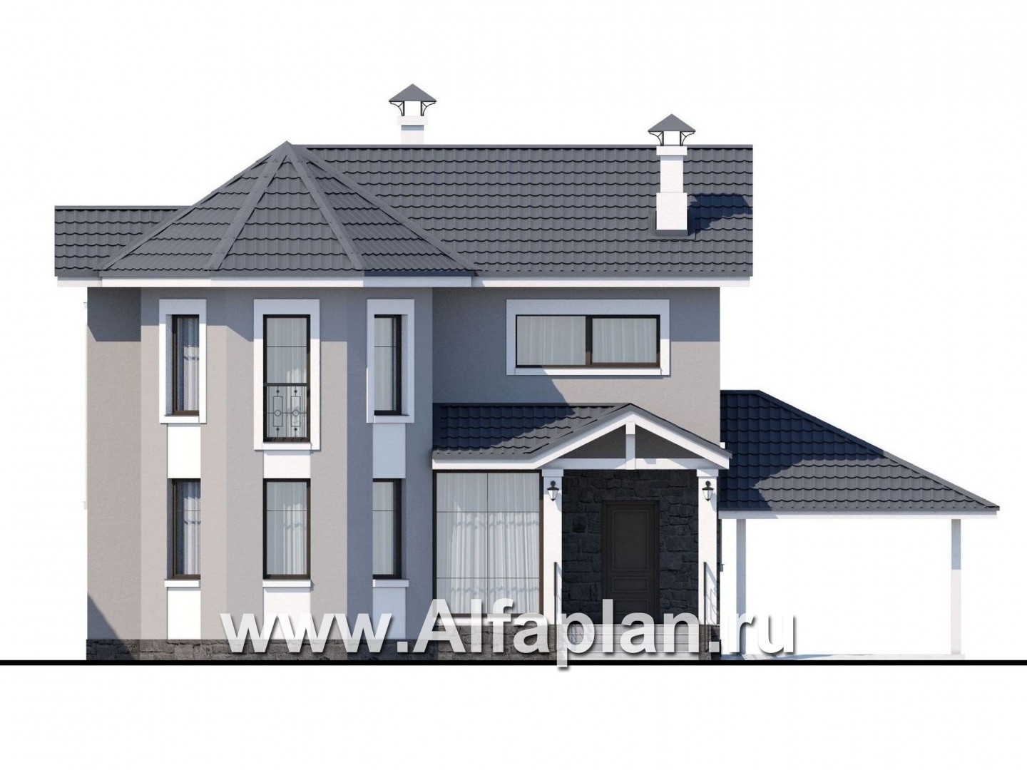 Проекты домов Альфаплан - «Веста» - небольшой удобный дом c гаражом-навесом - изображение фасада №1
