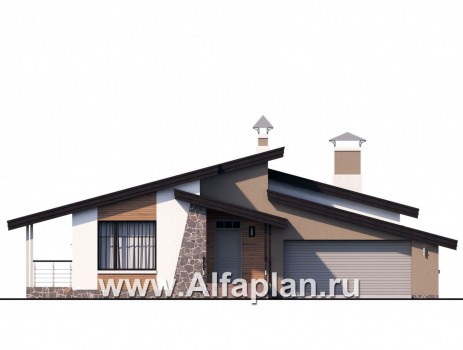 Проекты домов Альфаплан - «Санта-Моника» — одноэтажный коттедж с большим гаражом и террасой - превью фасада №1
