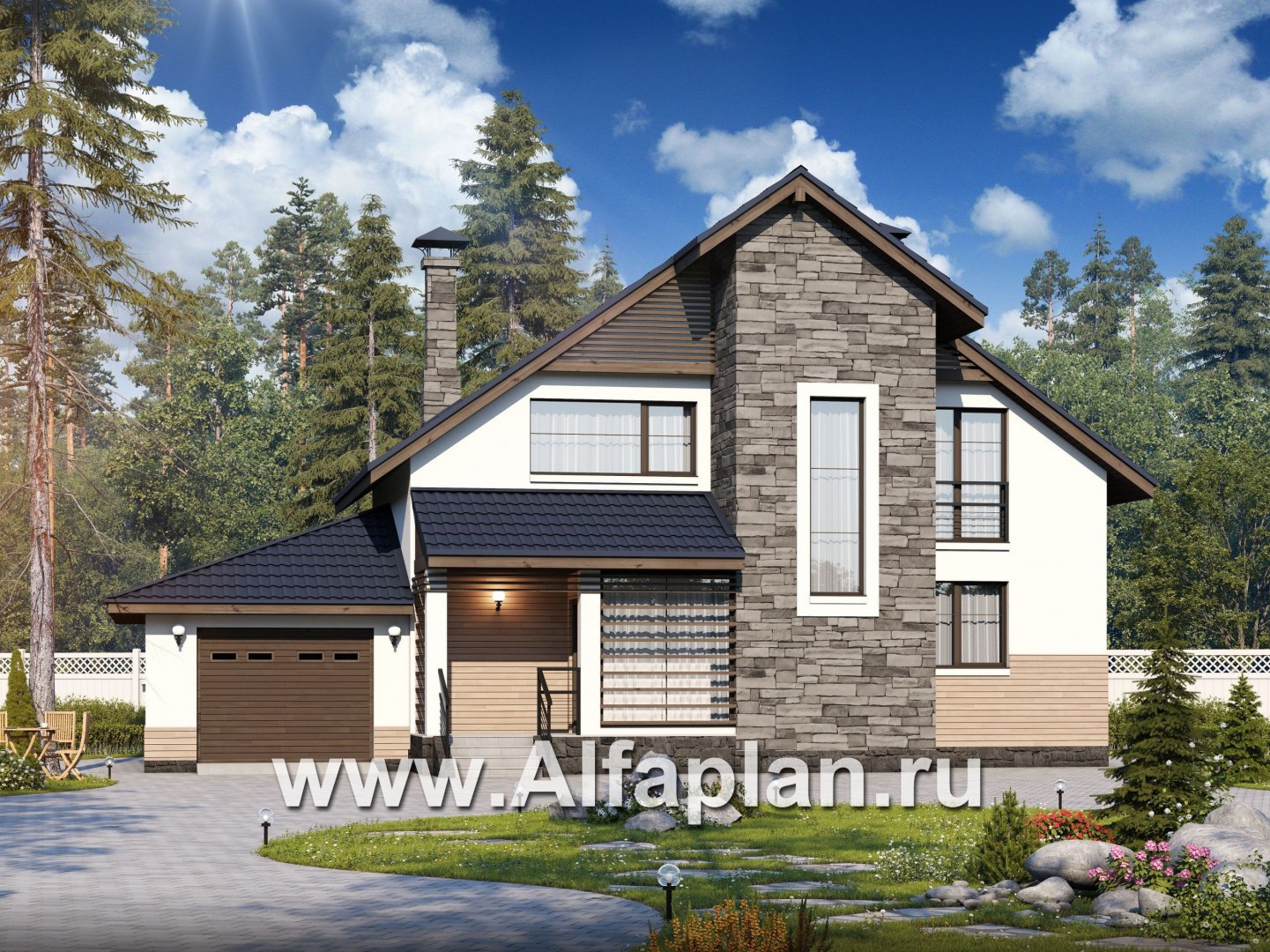 Проекты домов Альфаплан - «Территория комфорта» - современный дом - шале с гаражом - основное изображение