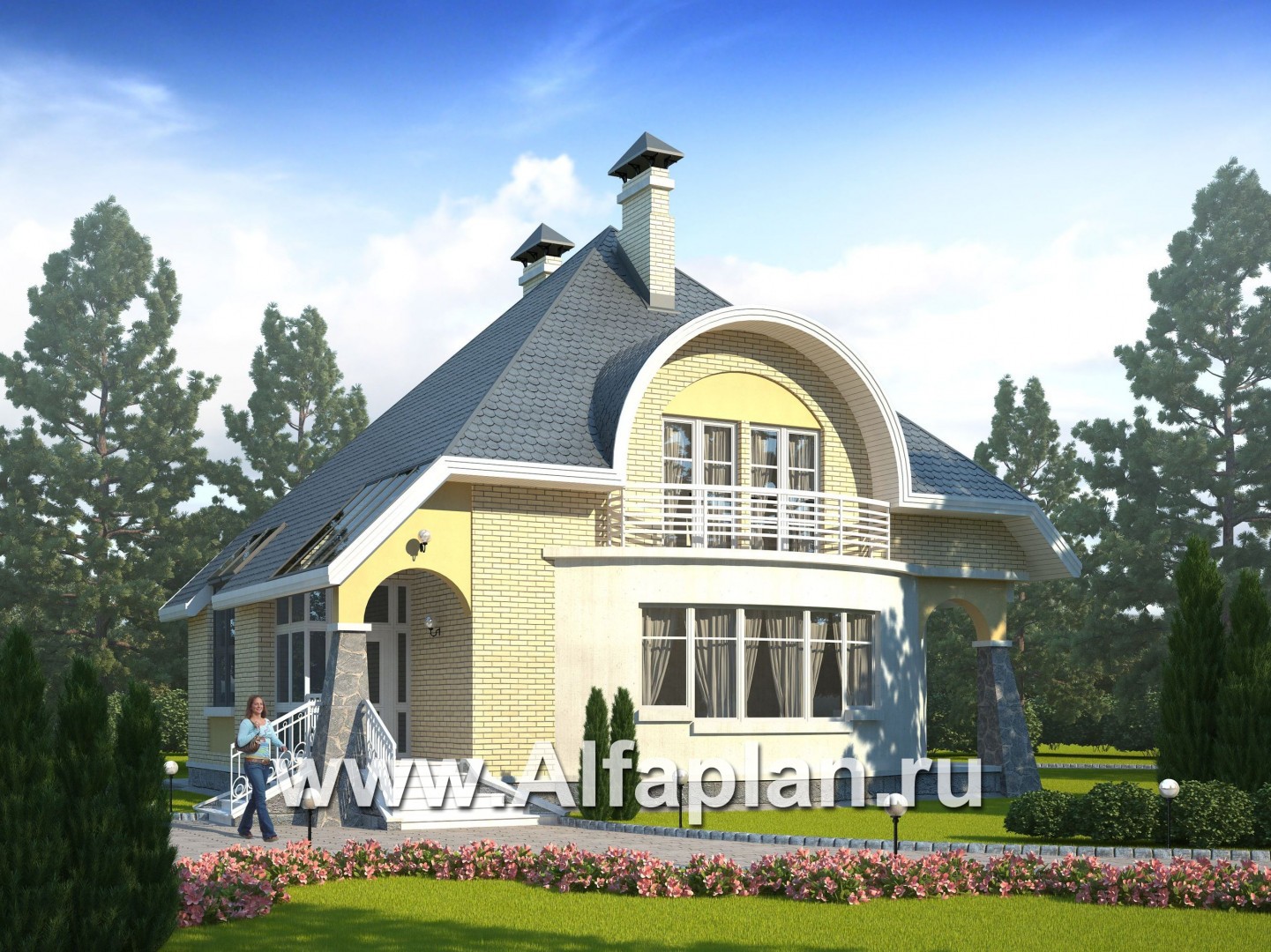 Проекты домов Альфаплан - «Свой остров» - коттедж с полукруглой гостиной и мансардными окнами - основное изображение