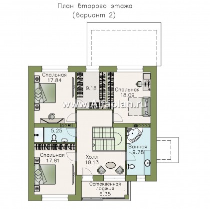 «Седьмая высота» - проект двухэтажного современного дома, с сауной и с террасой, лестница в центре - превью план дома