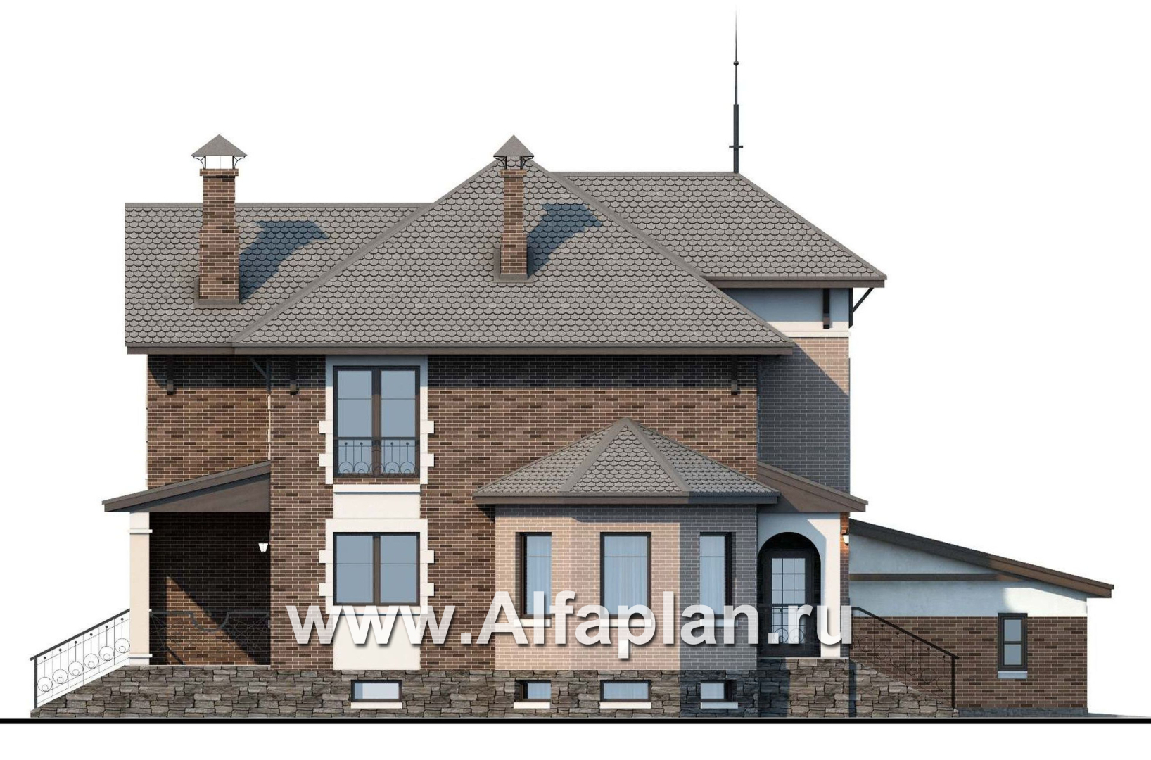 Проекты домов Альфаплан - «Маленький принц» - компактный коттедж с цокольным этажом и гаражом - изображение фасада №3