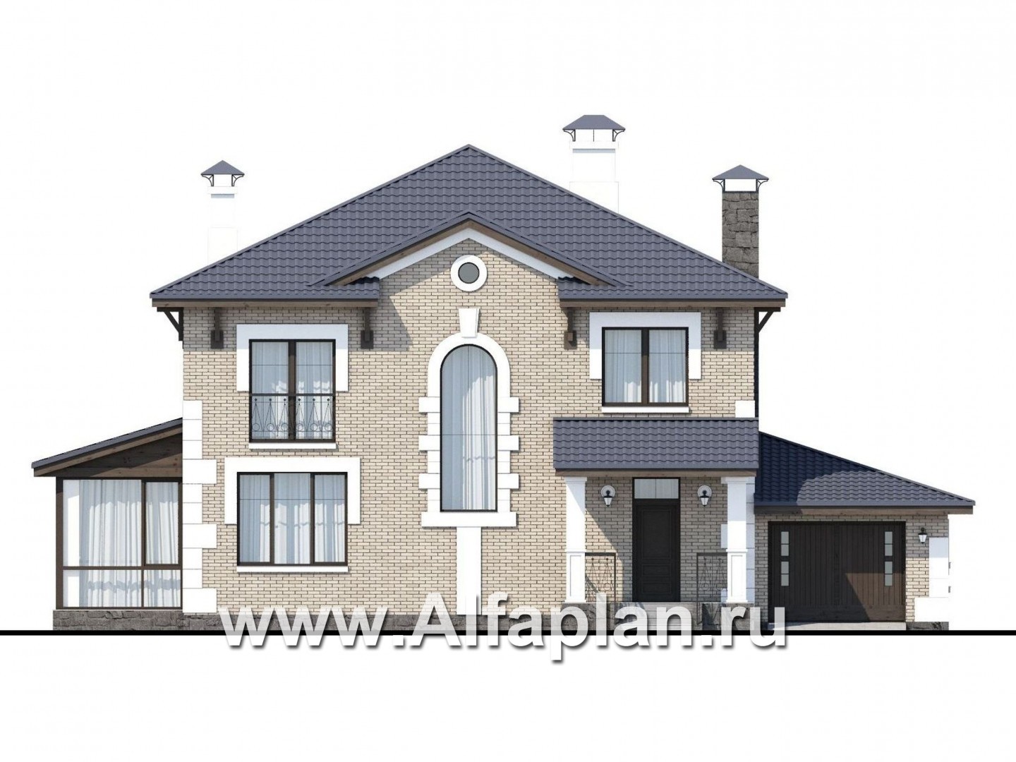 Проекты домов Альфаплан - «Земляничная поляна» - двухэтажный коттедж с гаражом и верандой - изображение фасада №1