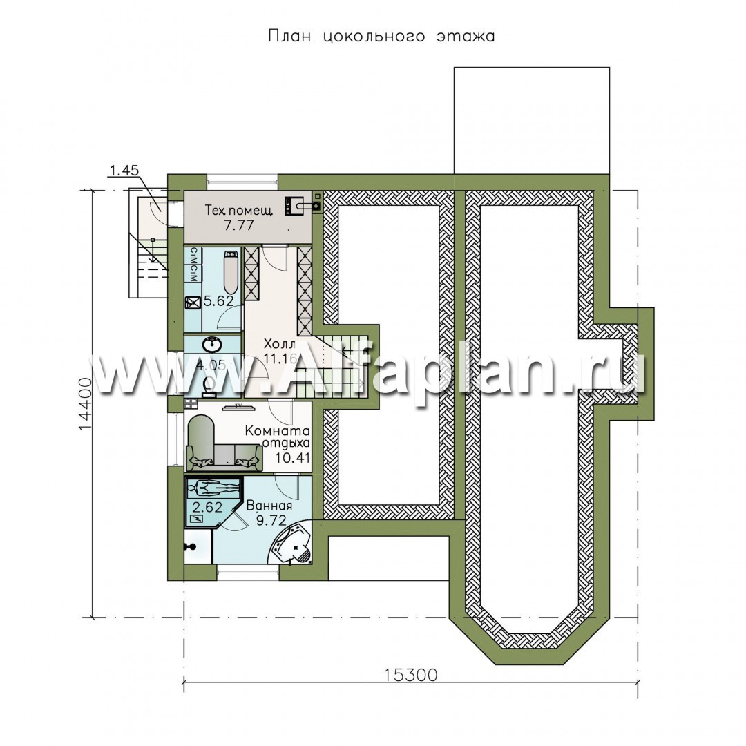 Проекты домов Альфаплан - «Тайный советник» - полутораэтажный коттедж с небольшим цоколем - план проекта №1