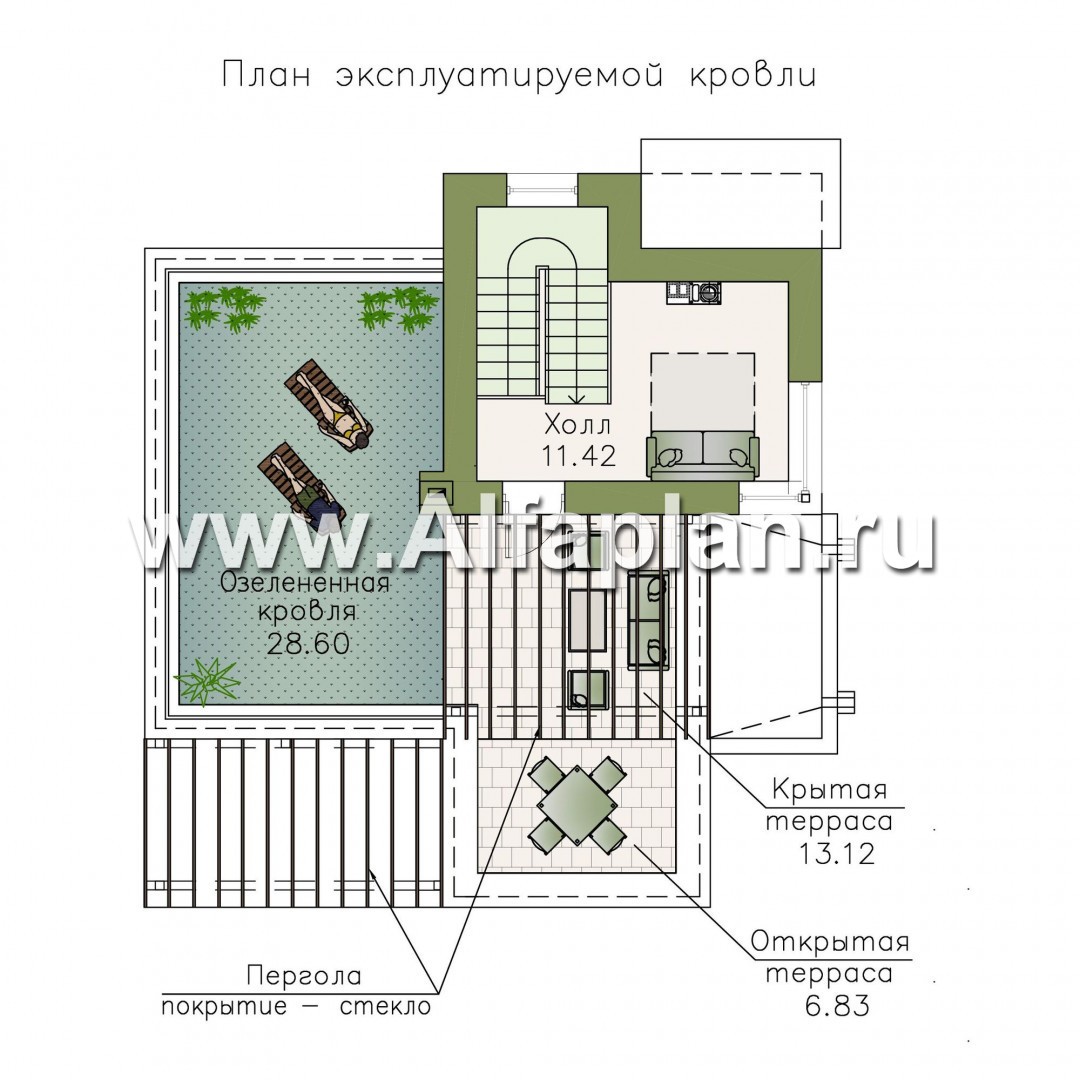 Проекты домов Альфаплан - «Виток спирали» -современный коттедж с «зеленой» плоской кровлей - план проекта №3