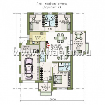 Проекты домов Альфаплан - «Пассия» - одноэтажный коттедж с гаражом и террасой - превью плана проекта №2