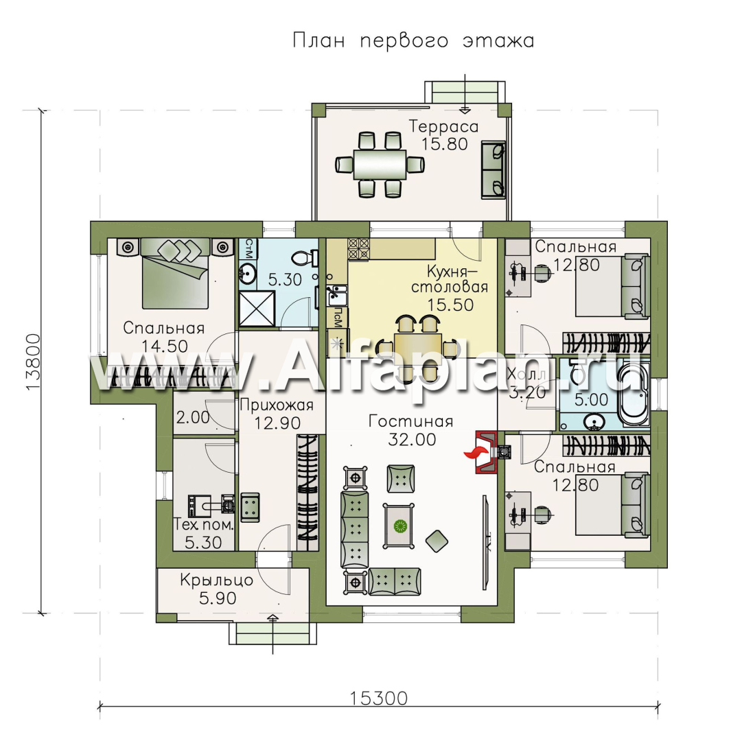 Проекты домов Альфаплан - «Мельпомена» - стильный одноэтажный коттедж с террасой - изображение плана проекта №1