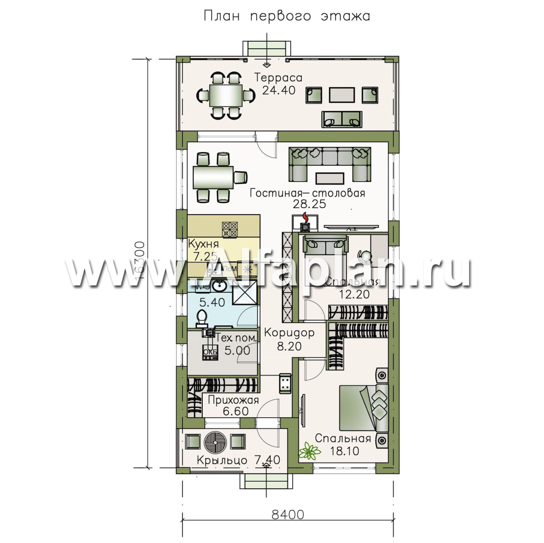 Проекты домов Альфаплан - «Каллиопа» - одноэтажный дом для узкого участка с двумя спальнями - изображение плана проекта №1