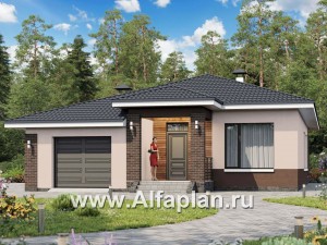 Проекты домов Альфаплан - «Каллиопа» - одноэтажный дом с террасой и гаражом (три спальни) - превью основного изображения