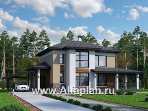 Проекты домов Альфаплан - «Стимул» - рациональный загородный дом с навесом для машины - превью основного изображения