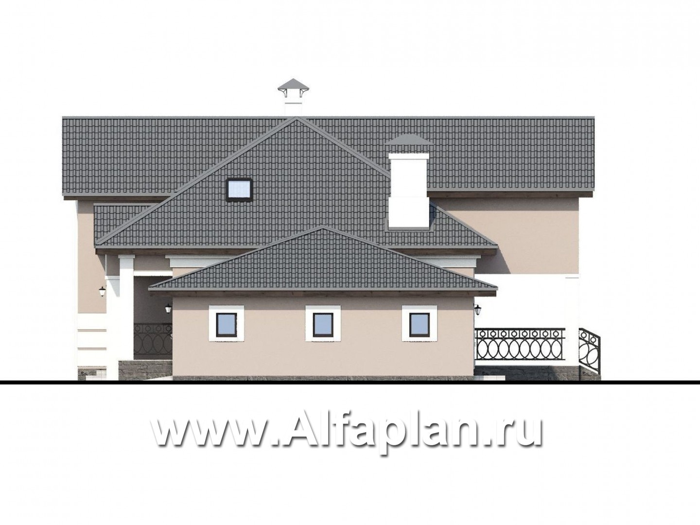 Проекты домов Альфаплан - «Волга» - коттедж с 3-я жилыми комнатами на 1 этаже, жилой мансардой и гаражом - изображение фасада №2