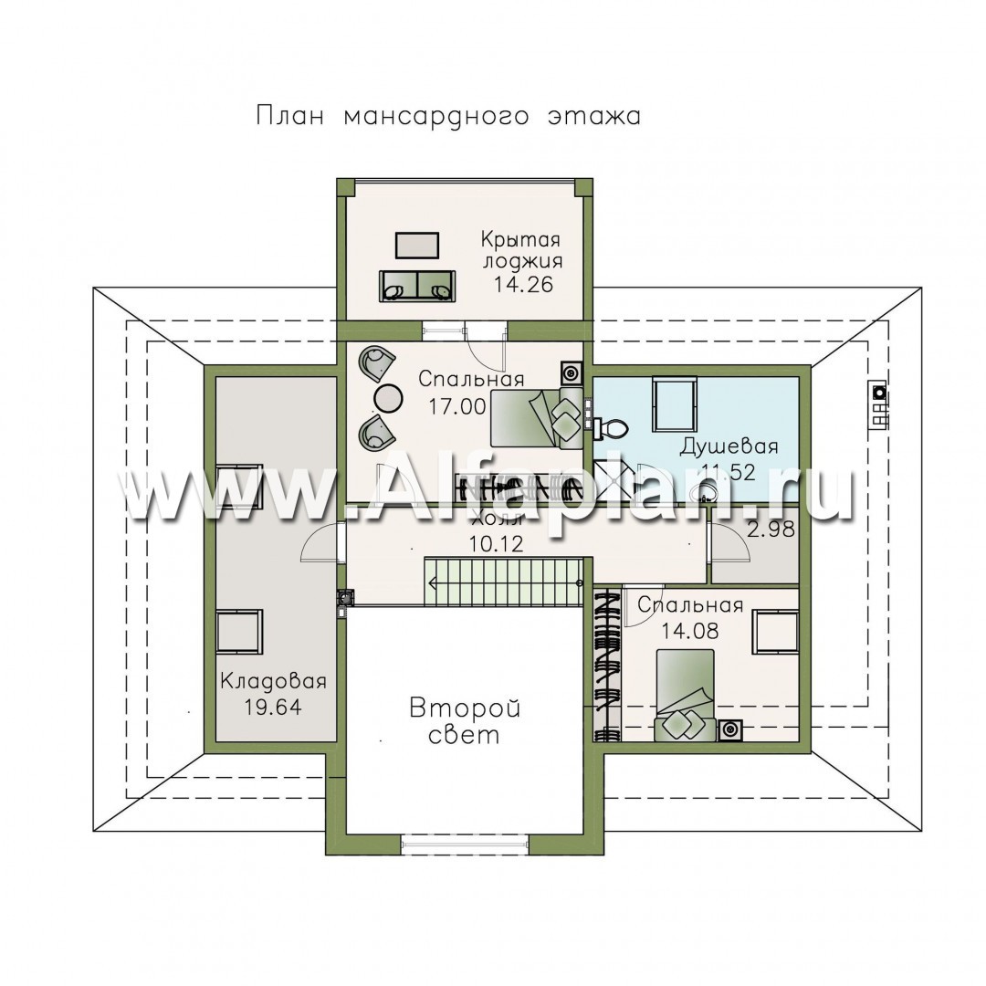 Проекты домов Альфаплан - «Волга» - коттедж с 3-я жилыми комнатами на 1 этаже, жилой мансардой и гаражом - изображение плана проекта №2