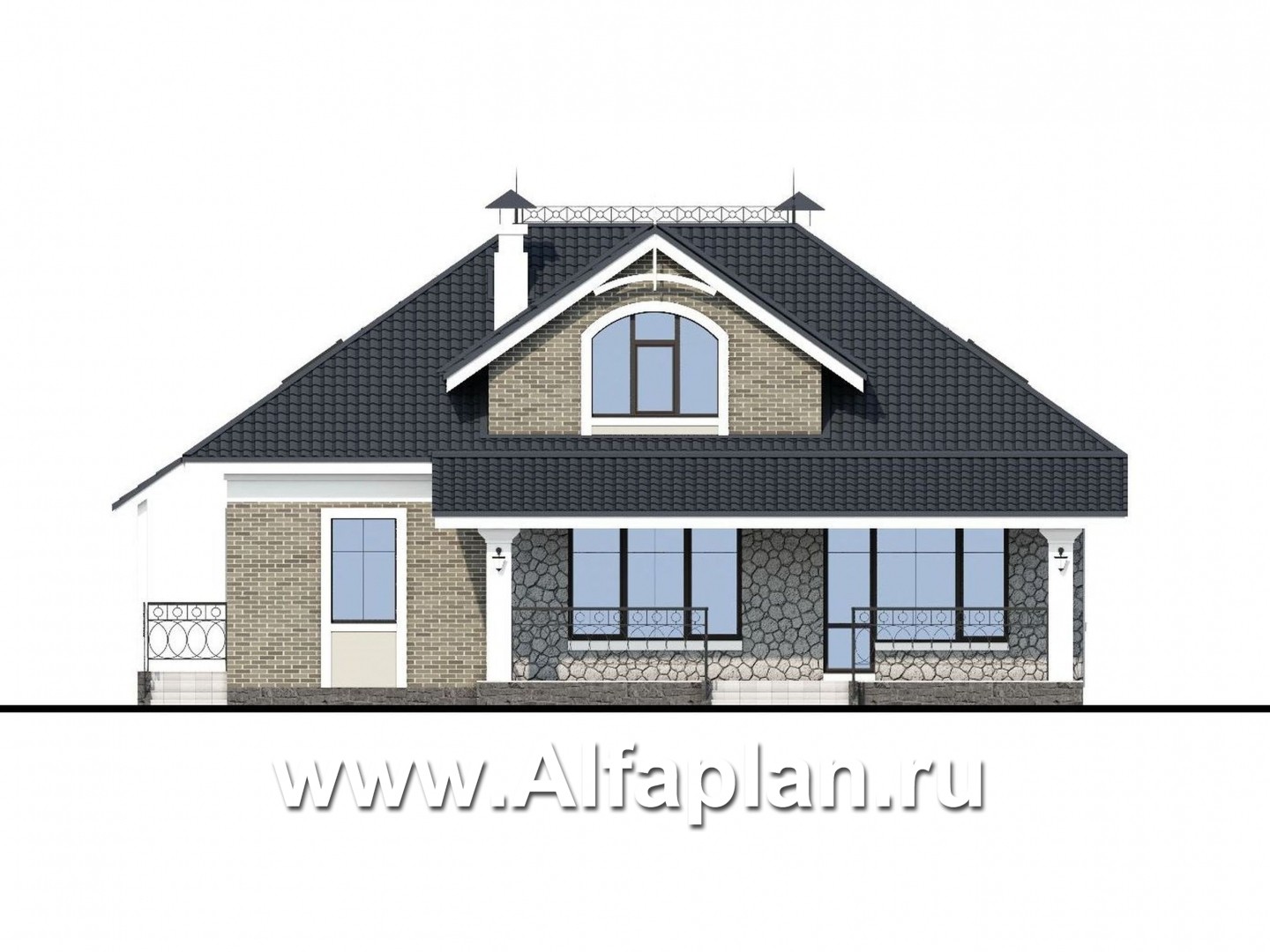 Проекты домов Альфаплан - «Валдай»- мансардный дом с красивым эркером и террасой - изображение фасада №4