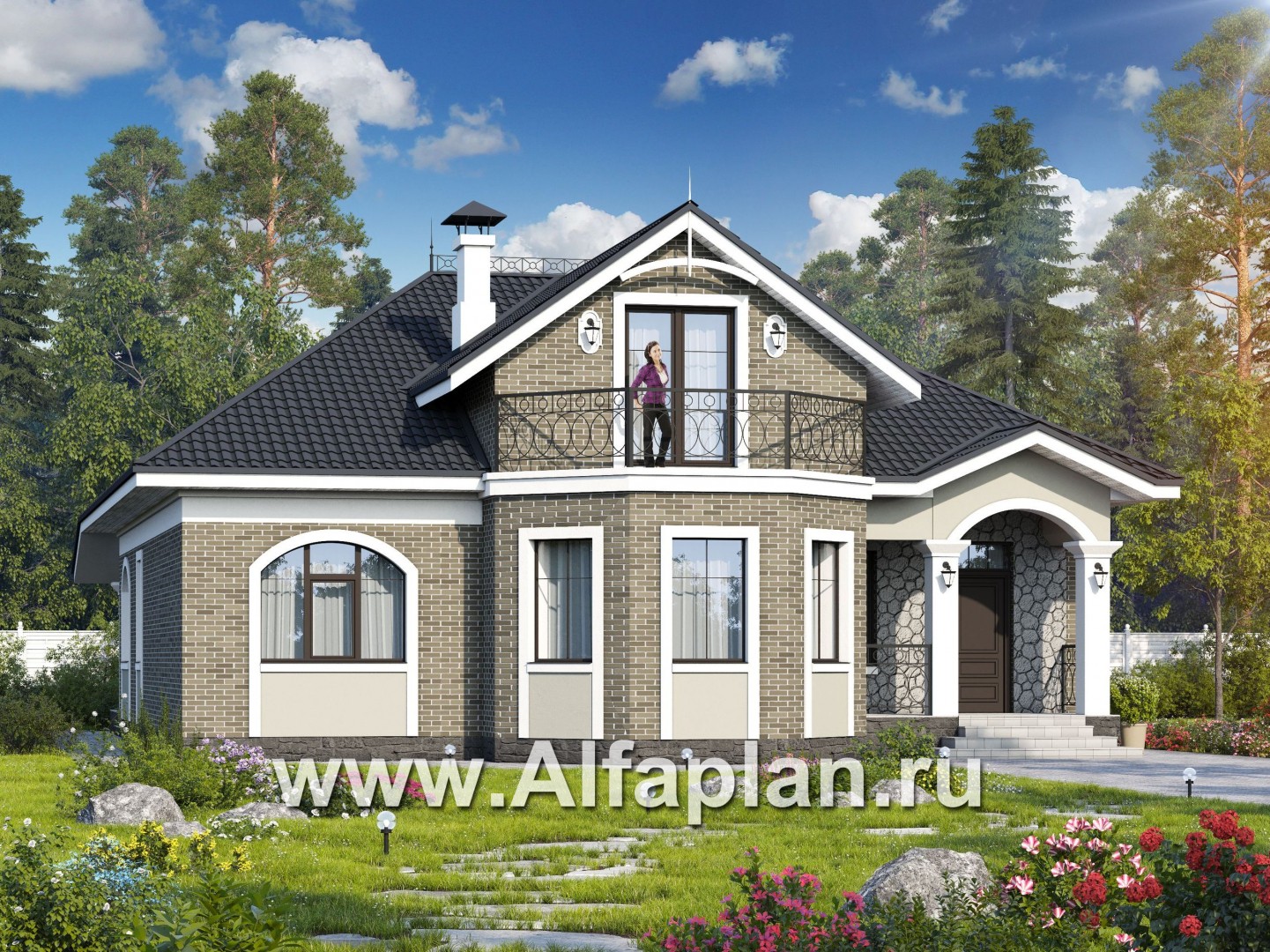 Проекты домов Альфаплан - «Валдай»- мансардный дом с красивым эркером и террасой - основное изображение