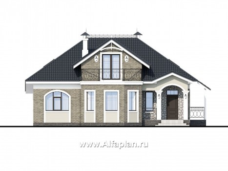 Проекты домов Альфаплан - «Валдай»- мансардный дом с красивым эркером и террасой - превью фасада №1