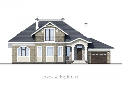 Проекты домов Альфаплан - «Валдай» - мансардный дом с гаражом и красивым эркером - превью фасада №1
