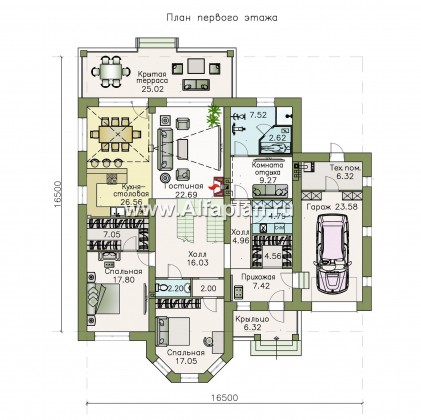 Проекты домов Альфаплан - «Валдай» - мансардный дом с гаражом и красивым эркером - превью плана проекта №1