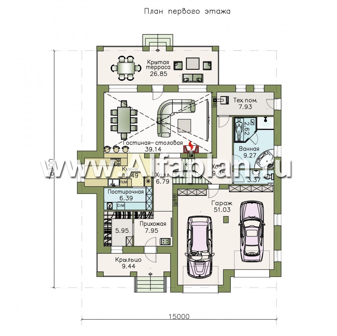 Проекты домов Альфаплан - «Мажестик» - современный  коттедж в полтора этажа с гаражом - изображение плана проекта №1
