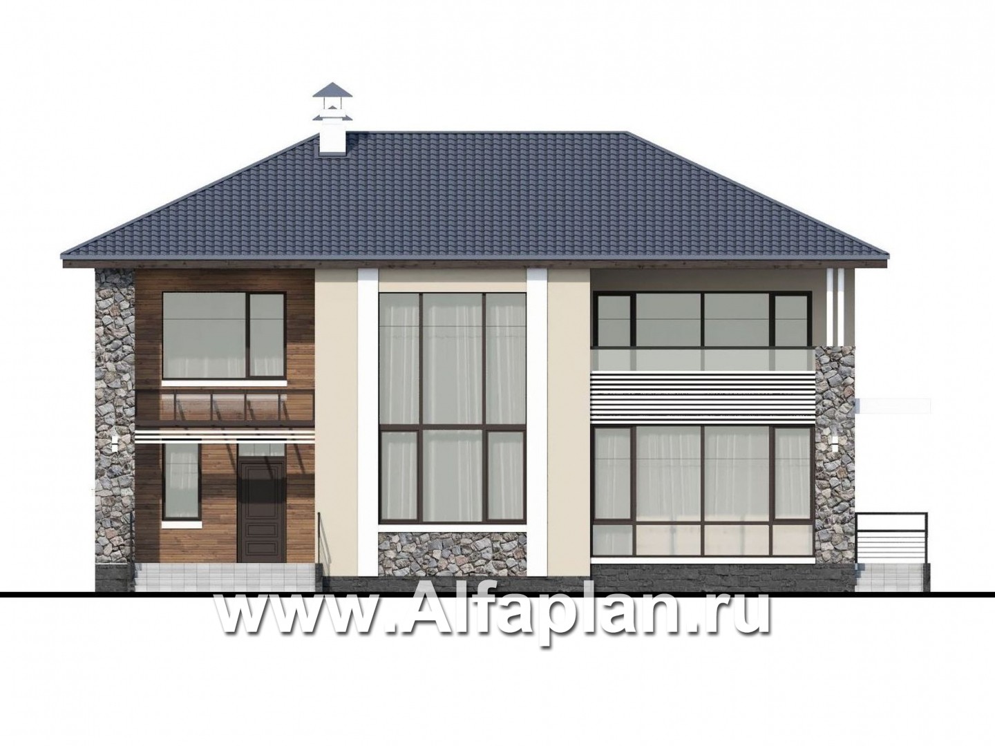 Проекты домов Альфаплан - «Семь звезд» - современный коттедж с панорамными окнами - изображение фасада №1