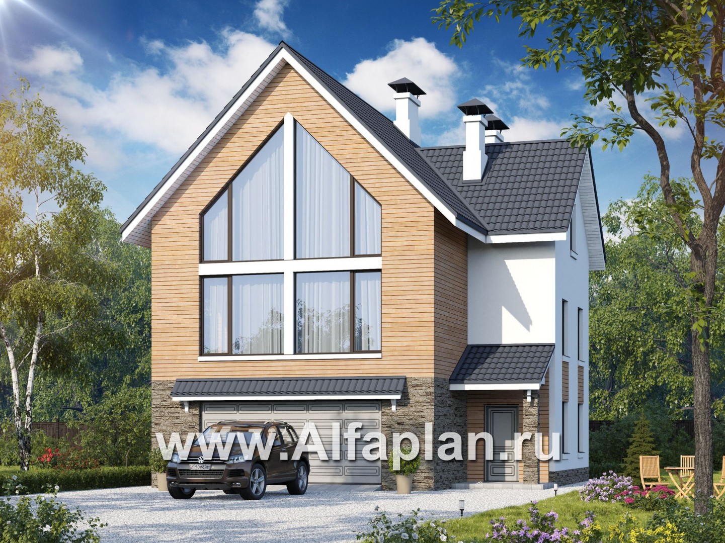 Проекты домов Альфаплан - «Сапфир» - трехэтажный дом с большим гаражом для маленького участка - основное изображение