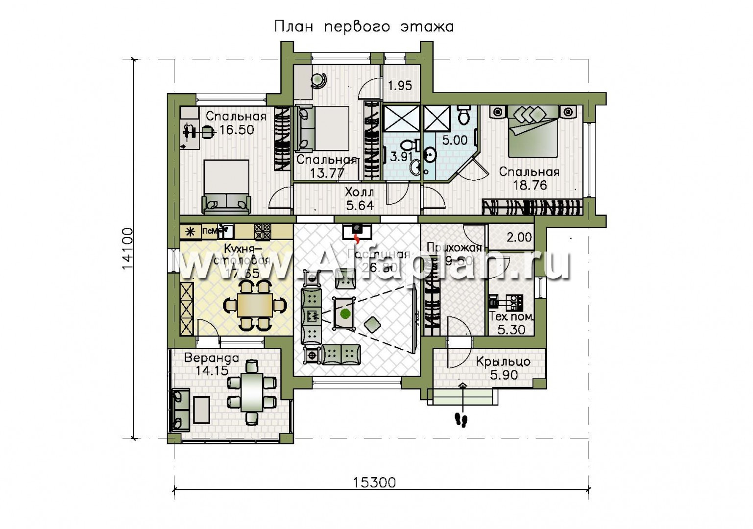 Проекты домов Альфаплан - «Эрато» — одноэтажный дом с плоской кровлей - план проекта №1