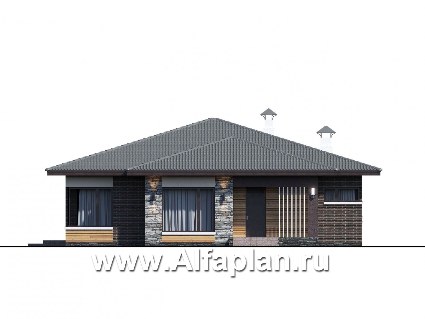 Проекты домов Альфаплан - «Ангара» - стильный одноэтажный коттедж с террасой - изображение фасада №1
