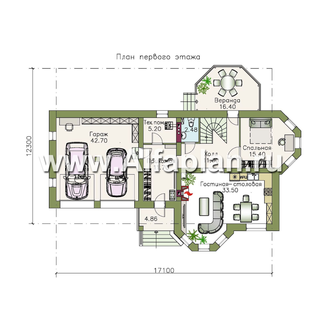 Проекты домов Альфаплан - «Классика» - двухэтажный особняк с большим гаражом и комнатой на первом этаже - план проекта №1